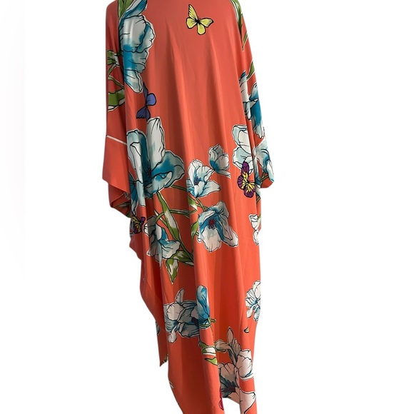 NATORI Caftan Butterflies W/Blue Poppies On Peach 3/4 Zip Silky Sz 2X ($205) New - Picture 10 of 14